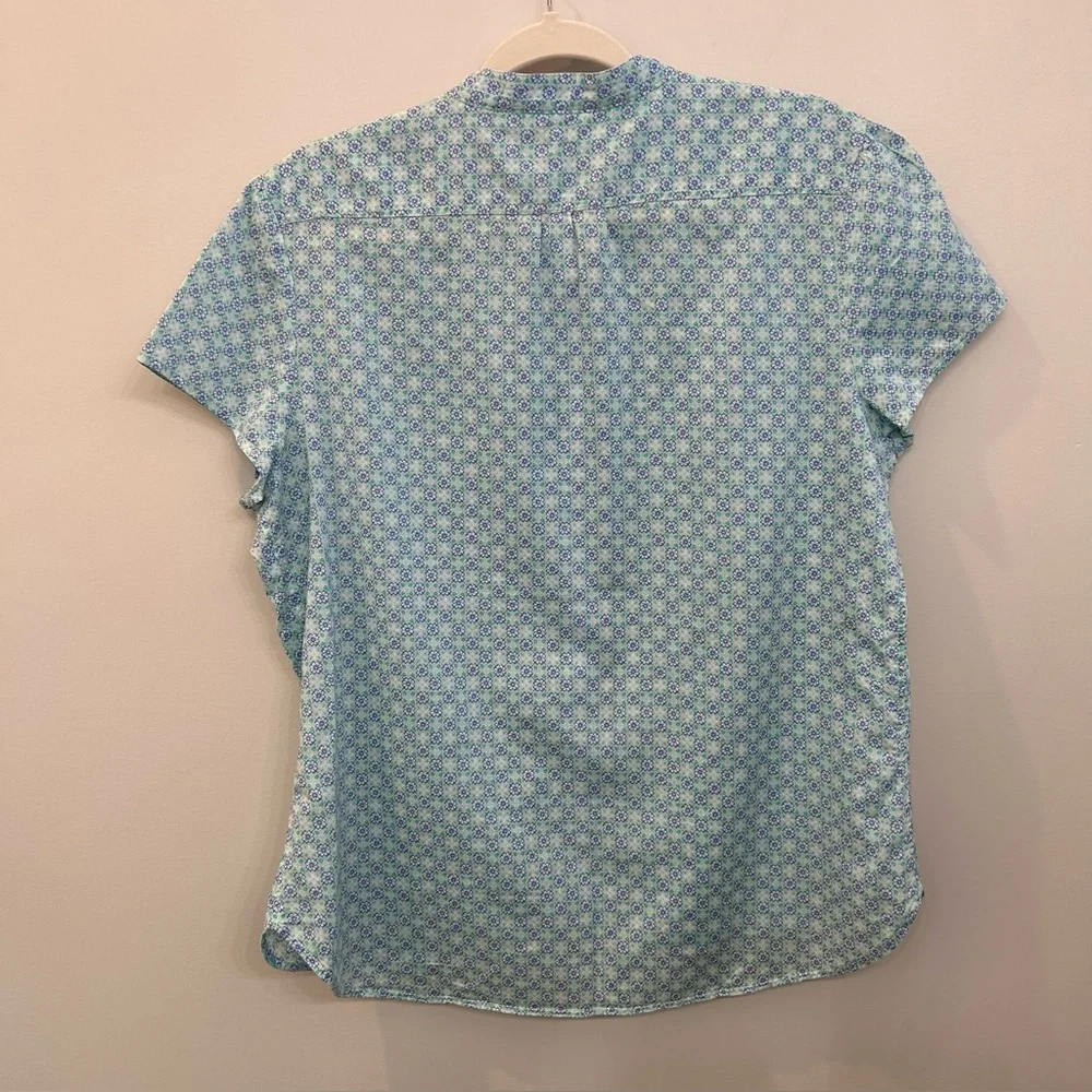 L.L. Bean Cotton Floral Button Down Short Sleeve Shirt White Blue Green Size L - Picture 6 of 8